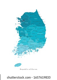 Vector modern isolated illustration. Simplified geographical  map of South Korea (Republic of Korea). Blue shape, white background. Names of korean cities and provinces