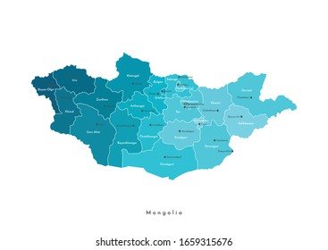 Vektorillustration Moderne einzelne Illustration. Vereinfachte geografische Karte der Mongolei. Namen der mongolischen Städte und Provinzen (Magier). Blaue Farbverlauf-Farben und weißer Hintergrund.