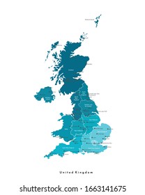 Vector modern isolated illustration. Simplified administrative map of United Kingdom of Great Britain and Northern Ireland (UK). Blue shapes. Names of regions and some big cities. White background svg