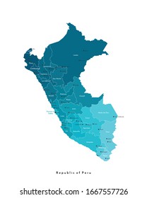 Vector modern isolated illustration. Simplified administrative map of Peru in blue trendy colors. White background and outlines. Names of Peruvian cities, provinces