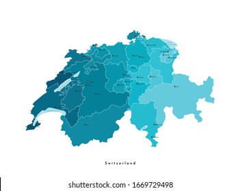 Vector modern isolated illustration. Simplified administrative blue map of Switzerland. Light blue shapes of lakes. Names of swiss cities and regions (cantons). White background