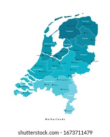 Vector modern isolated illustration. Simplified administrative map of Netherlands in blue colors. Names of big cities and provinces. White background