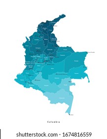 Vector moderno de ilustración aislada. Mapa administrativo simplificado y colorido de Colombia. Fondo blanco y contornos. Nombres de las grandes ciudades y departamentos (regiones)