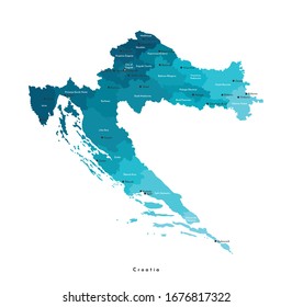Vector modern isolated illustration. Simplified administrative map of Croatia in blue colors. White background. Names of croatian cities and counties (regions).