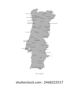 Vector modern isolated illustration. Simplified administrative map of Portugal. Names of capital Lisbon, cities and districts. Grey color