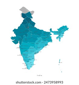 Vector modern isolated illustration. Simplified administrative blue map of India. White background. Names of big cities like New Delhi, Mumbai and regions borders