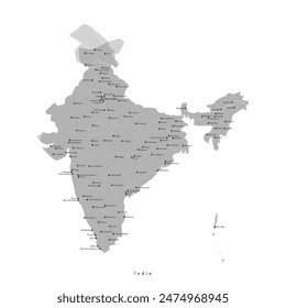 Vector modern isolated illustration. Simplified administrative map of India in grey color. White background. Names of large cities like New Delhi, Mumbai and regions borders