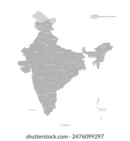 Vector modern isolated illustration. Simplified administrative grey map of India. White background. Names of indian states, borders of regions