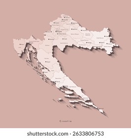 Vetor ilustração isolada moderna. Mapa administrativo simplificado da Croácia em cores bege. Fundo castanho. Nomes de cidades e condados croatas, regiões