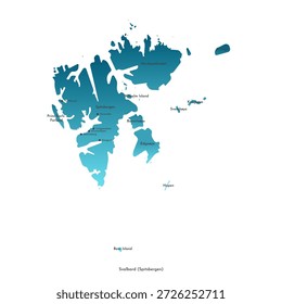 Moderne, einzelne Vektorgrafik. Vereinfachte Verwaltungskarte von Svalbard. Namen der Städte und Hauptinseln des norwegischen Archipels