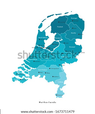 Vector modern isolated illustration. Simplified administrative map of Netherlands in blue colors. Names of big cities and provinces. White background
