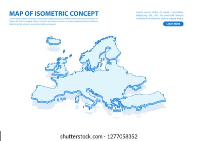 Vector modern isometric concept greeting Card map of Europe on blue background illustration eps 10.