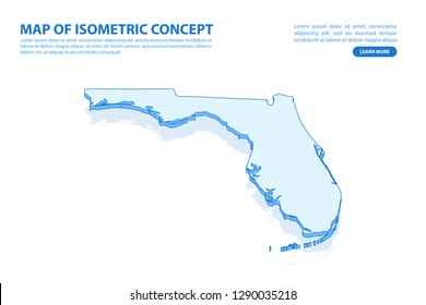 Vector modern isometric concept greeting Card map of Florida on blue background illustration eps 10.