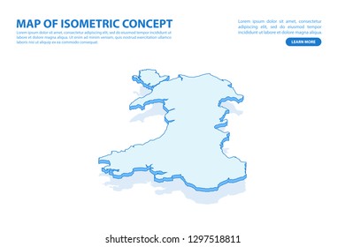 Vector modern isometric concept greeting Card map of Wales on blue background illustration eps 10.