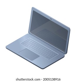 Vector modern isometric illustration. Volumetric metal laptop in the plane with a blank screen. Digital picture of modern devices and technologies.