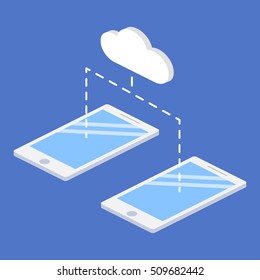 Vector modern isometric smartphone with bubble speech on blue background