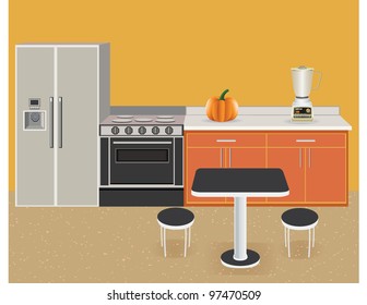 Vector modern kitchen with blender y pumpkin