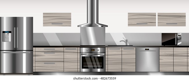 Vector modern kitchen in gray and wood colors