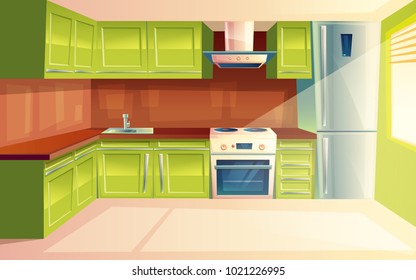 Vector modern kitchen interior background template. Cartoon dinner room illustration with furniture - kitchen counter, cupboard, appliances - fridge, cooking stove, oven, range exhaust hood, sink.