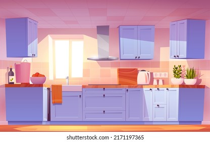 Vector modern kitchen interior background template. Cartoon dinner room illustration with furniture kitchen counter cupboard appliance