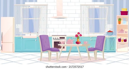 Vector modern kitchen interior background template. Cartoon dinner room illustration with furniture kitchen, cupboard, appliance, fridge, cooking stove, sink. Cozy kitchen with chairs and table.