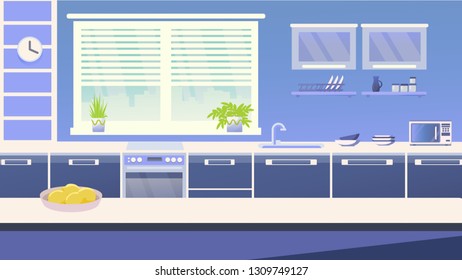 Vector modern kitchen interior. Vector illustration in a flat style. Dinner room.  