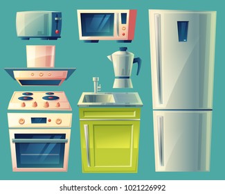 Vector modern kitchen interior objects set. Cartoon illustration with cupboard furniture, fridge, cooking stove, range exhaust hood, sink microwave oven, kettle appliances.