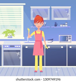 Vector modern kitchen interior. Woman in the kitchen. Dinner room. Cleanliness and tidiness. Good cleaning. Housewife in the kitchen. Vector illustration in a flat style.