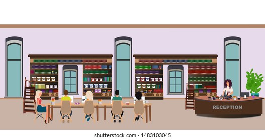 Vector of a modern library interior with bookshelves, desks and students reading books