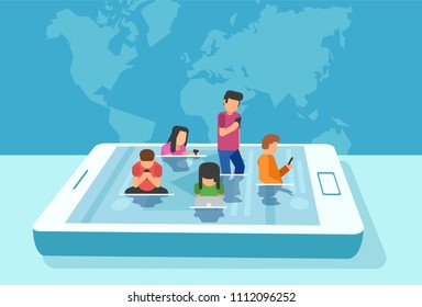 Vector of a modern lifestyle concept. Group of young people immersed in social media content 