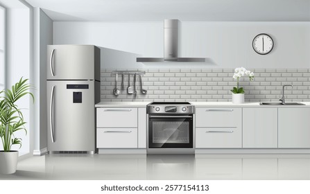 Vector modern light color realistic kitchen interior  with gas stove and oven, cabinets, shelves, and fridge.