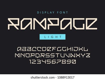 Vector modern light display font named Rampage, blocky typeface, futuristic uppercase letters and numbers, alphabet. Global swatches.
