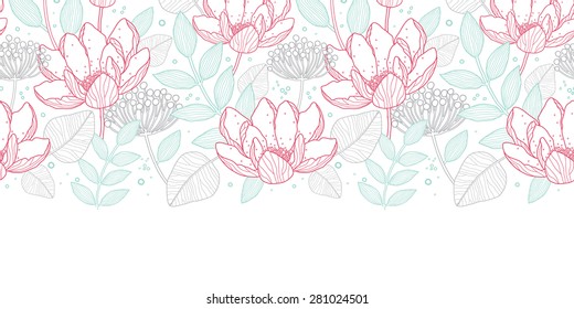 Vector modern line art florals horizontal border seamless pattern background
