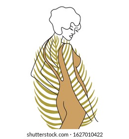 Vector modern line art of woman, palm leaf. Vintage art deco hand drawn illustration for fashion t-shirt design, printing, posters, invitations, cards, leaflets. 