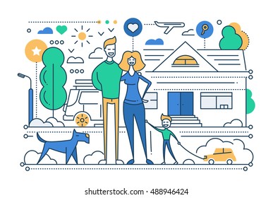 Vector modern line flat design city composition with a happy family