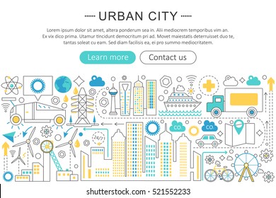 Vector modern line flat design Urban city concept. Urban modern smart city life icons Website Header, app design poster banner