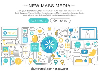 Vector modern line flat design News mass media concept. News mass media icons Website Header, app design poster banner.