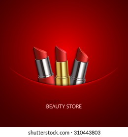 Vector modern lipstick set. beauty store background