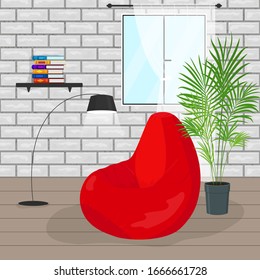 Vector Modern Living Room Interior With Red Beanbag Chair, Window, Books, Home Palm Plant On White Brick Wall Backdrop. Home Library, Minimal Room Design 