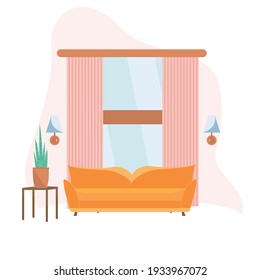 Vector de decoración moderna de sala de estar - sofá naranja, armario con flores, cortinas. Ilustración de estilo plano.