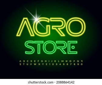 Vector modern logo Agro Store. Illuminated set of abstract style Alphabet Letters and Numbers set. Yellow Neon Font