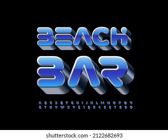 Vector modern logo Beach Bar. 3D abstract Font. Blue and Silver set of Alphabet Letters and Numbers