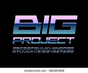 Vector modern logo Big Project. Metallic techno Font with Gradient. Glossy Silver Alphabet Letters and Numbers