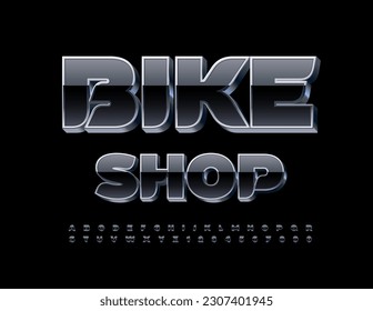 Vector modern logo Bike Shop. 3D Black and Metal Font. Glossy creative Alphabet Letters and Numbers set