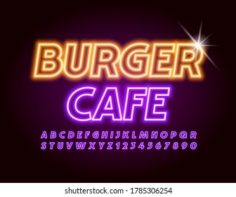 Logo moderno Vector Burger Cafe, Fuente Violeta Iluminada. Letras y números de alfabeto neón brillantes