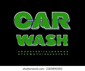 Vector logotipo moderno Car Wash. Fuente 3D verde y metálica. Conjunto de letras y números alfabéticos creativos