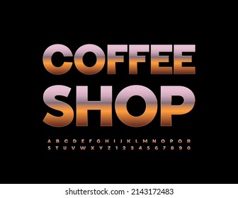 Vector logotipo moderno Café con fuente metálica elegante. Letras, números y símbolos de alfabeto de moda de oro