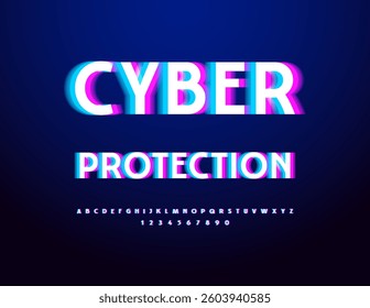 Vector Modern logo Cyber Protection. Bright Digital Font. Trendy Glitch Alphabet Letters and Numbers set
