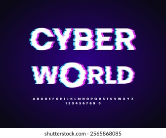 Vector modern logo Cyber World.  Unique Digital Font. Glitched Pixels Alphabet Letters and Numbers set