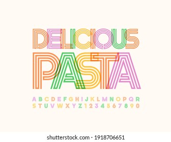 Vector modern logo Delicious Pasta. Colorful maze Font. Bright Alphabet Letters and Numbers set